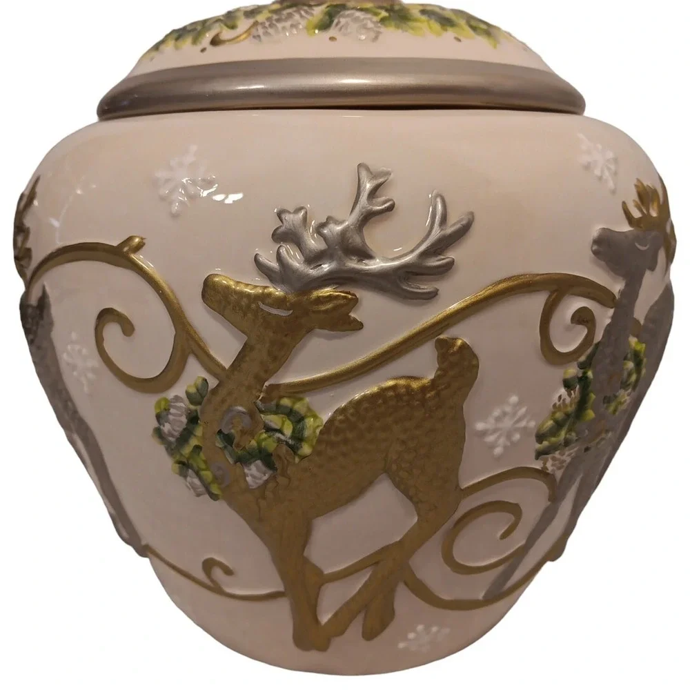 Cheryl & Co. Gold Silver White Vintage Ceramic Christmas 3D Reindeer Cookie Jar